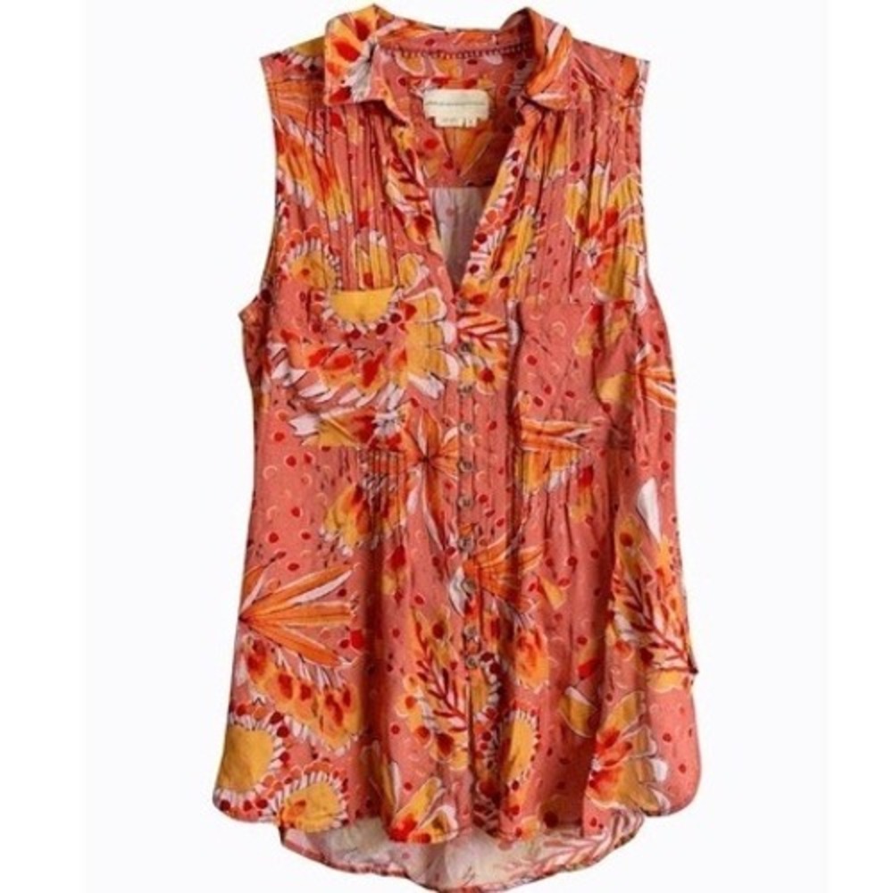 Anthropologie Vera Floral Pintuck Blouse Medium Boho Colorful Button Front